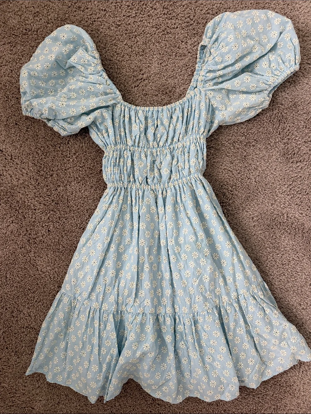 Smocked Puff-Sleeve women’s Dress in Light Blue with Daisy Print